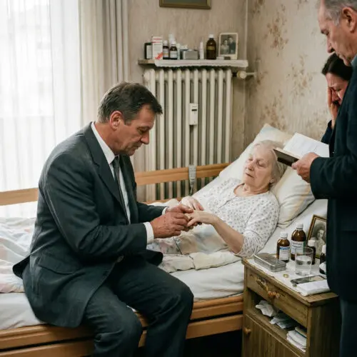 Eine kräftige Männerhand steckt einer zerbrechlichen Frauenhand am Krankenbett behutsam einen Ehering an.