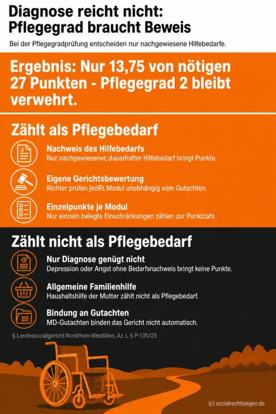 Infografik (Do's and Don'ts): Zeigt, welche Nachweise für Pflegegrad-Punkte zählen und welche nicht - Ergebnis 13,75 von 27 Punkten.