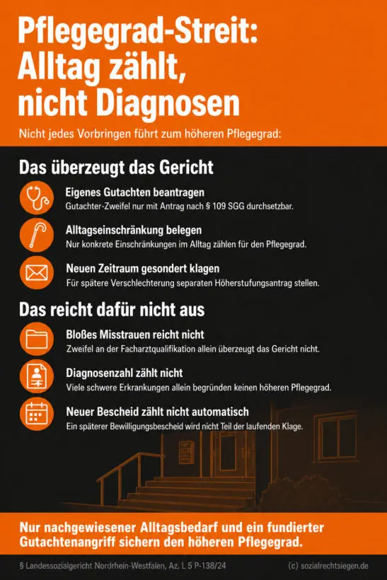 Infografik (Do's and Don'ts): Sechs Handlungsregeln im Pflegegrad-Streit, geteilt in erfolgreiche und erfolglose Vorgehensweisen.